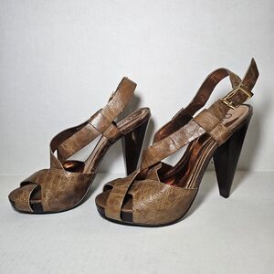 Carlos by Carlos Santana Brown Leather Strappy Slingback Cone High Heels